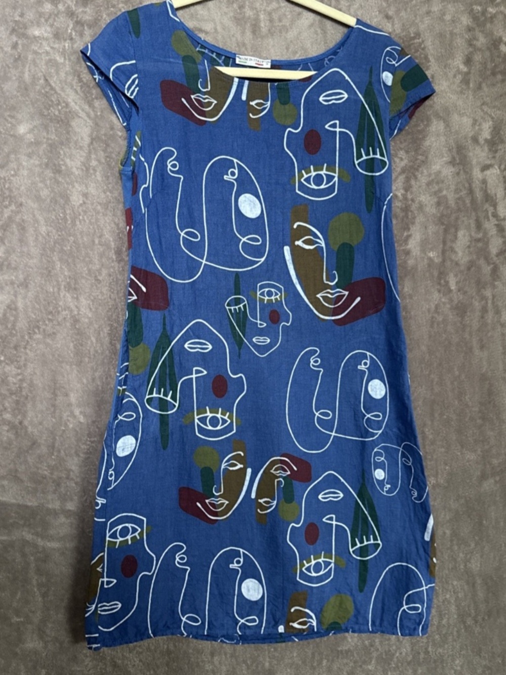 Made in Italy Women's Linen Blend Art Midi Dress – Blue Size Small